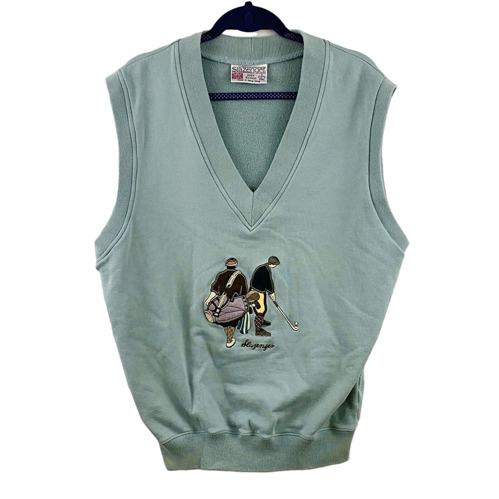 Mens XL Slazenger Sweater Vest Golf Applique Golfer Caddy‎ Green Cotton V-Neck